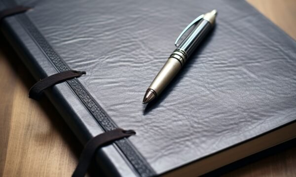 Black Leather Notebook with Metallic Pen on Wooden Surface